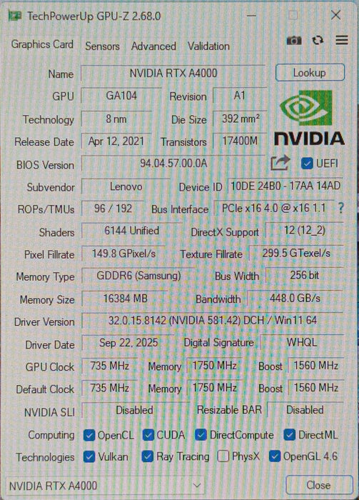 NVIDIA RTX A4000 16GB GDDR6 Graphics Card