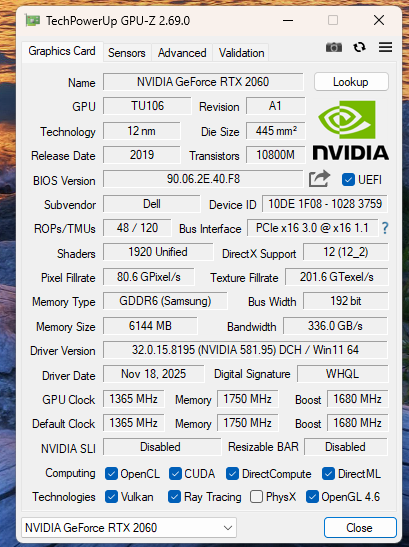 NVIDIA GeForce RTX 2060 6GB GDDR6 GPU