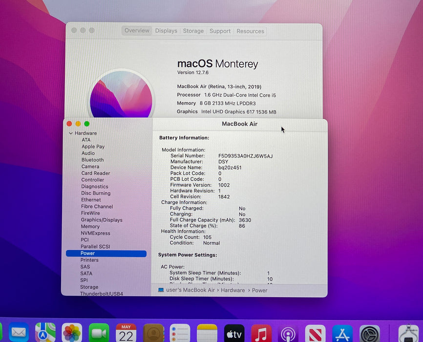 Apple MacBook Air 13" 2019 i5-8210Y 8GB 128SSD French Keyboard No Power Adapter