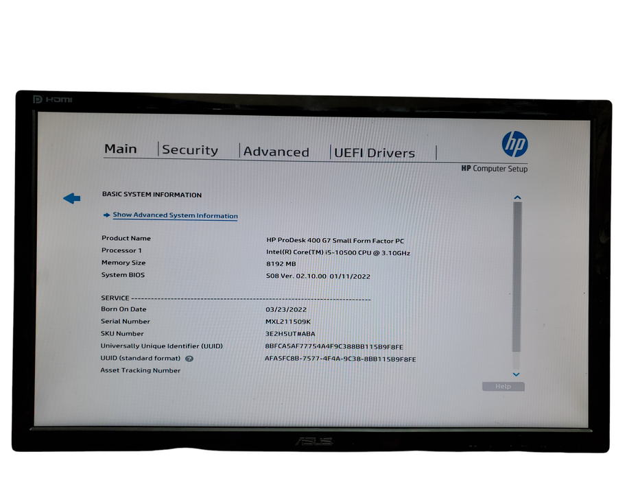 HP ProDesk 400 G7 SFF, i5-10500, 8GB DDR4, No HDD, No OS