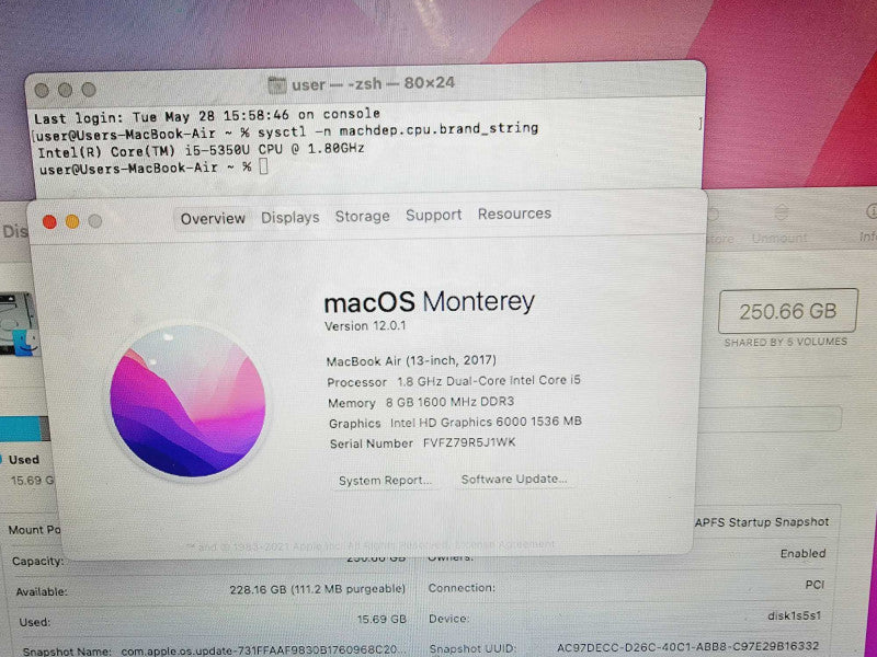 Apple Macbook Air 2017 13\\" 2-Core i5-5350U @ 1.8GHz 8GB DDR3 250GB SSD (