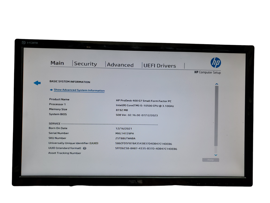 HP ProDesk 400 G7 SFF, i5-10500, 8GB DDR4, No HDD, No OS, READ