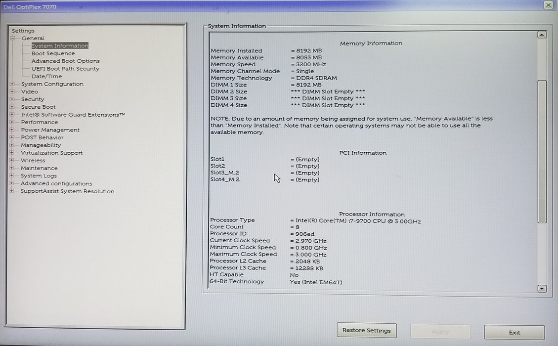 Dell OptiPlex 7070 SFF Core i7-9700 CPU 8GB RAM No HDD