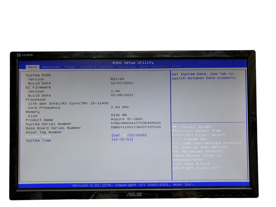 Acer Aspire TC-1660 MT, i5-11400, 8GB DDR4, 256GB NVMe, No OS