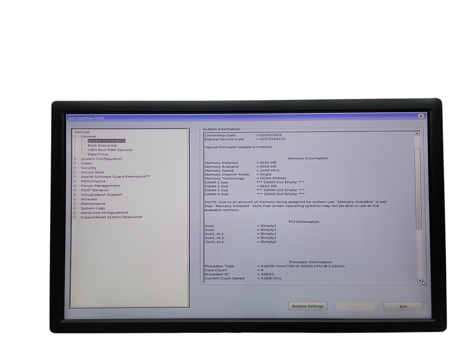 Dell Optiplex 7080 SFF i5 - 10500 @ 3.10GHz 8GB DDR4 Ram No HDD