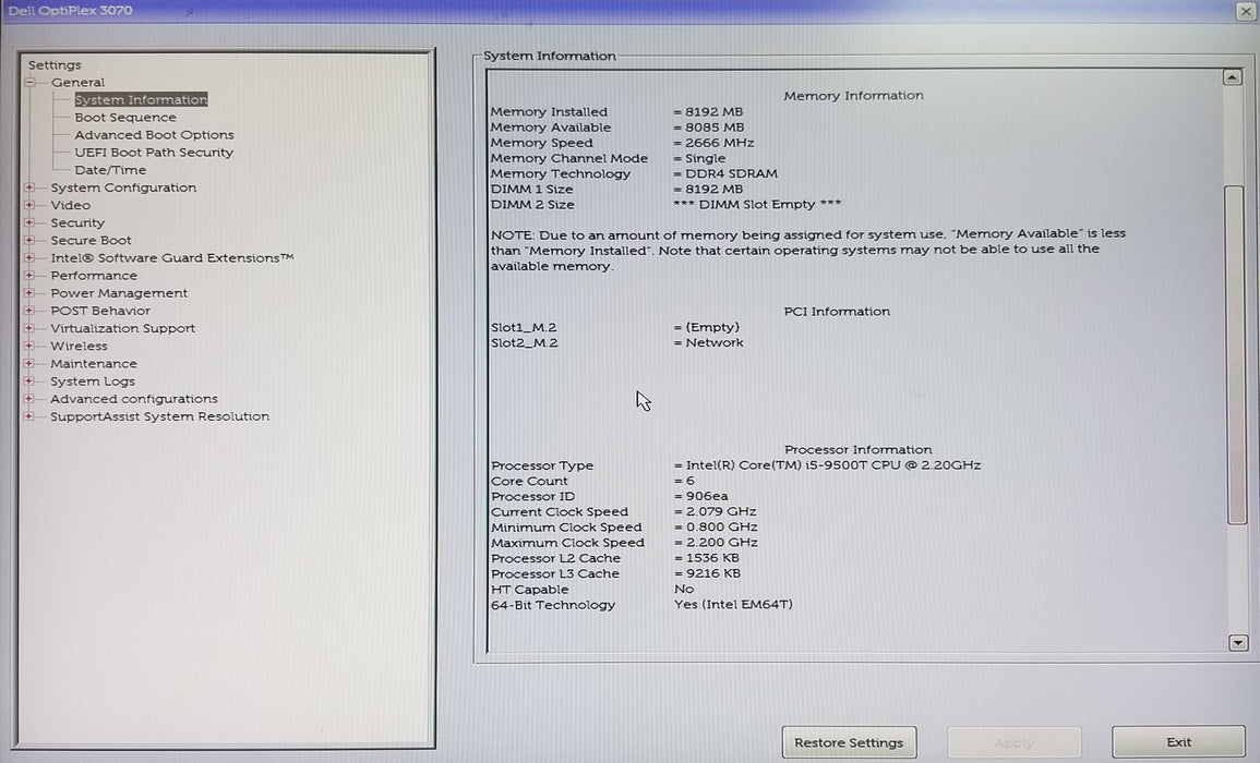 Dell OptiPlex 3070 USFF Core i5-9500T CPU 8GB RAM No HDD