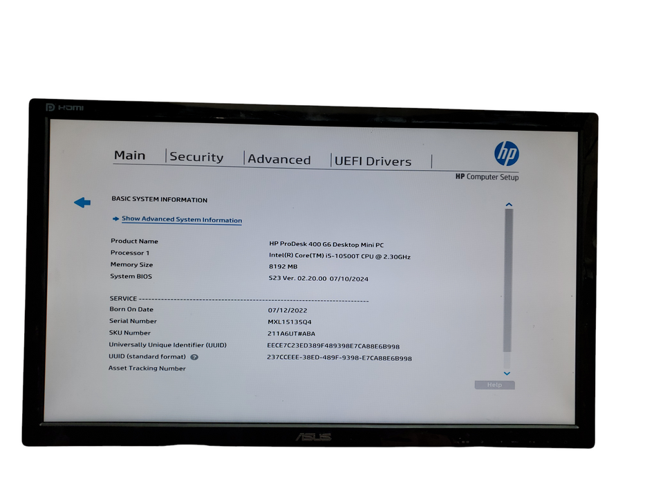 HP ProDesk 400 G6 USFF, i5-10500T, 8GB DDR4, No HDD, No OS