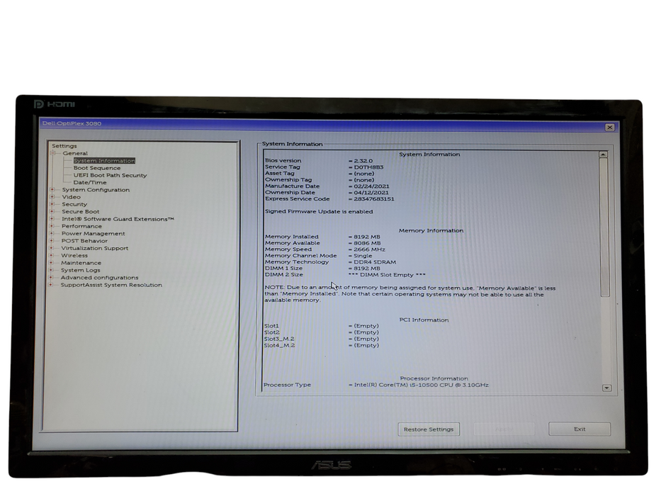 Dell OptiPlex 3080 SFF, i5-10500, 8GB DDR4, No HDD, No OS