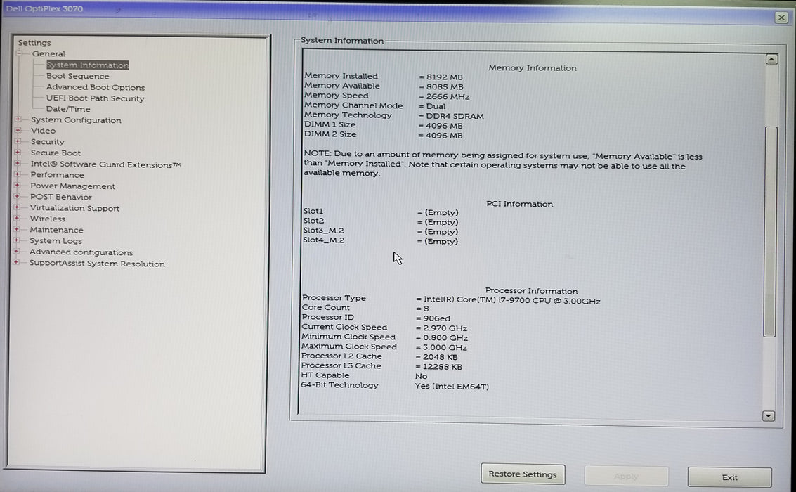 Dell OptiPlex 3070 SFF Core i7-9700 CPU 8GB RAM No HDD