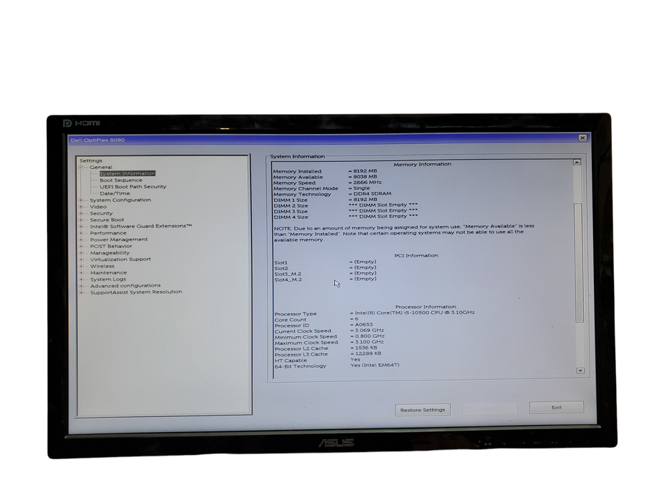 Dell OptiPlex 5080 SFF, i5-10500, 8GB DDR4, No HDD, No OS