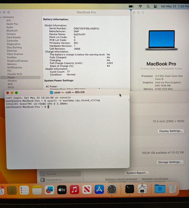 Apple MacBook Pro  13" 2017 i5-7360U 8GB RAM 128GB SSD No Power Adapter READ