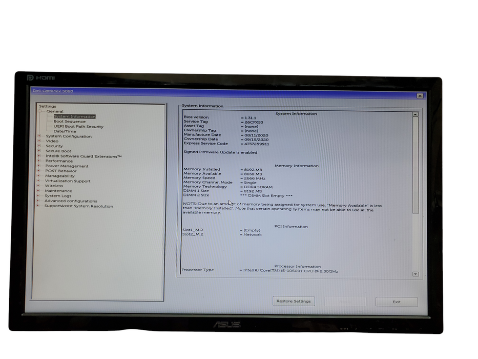 Dell OptiPlex 5080 USFF, i5-10500T, 8GB DDR4, No HDD, No OS