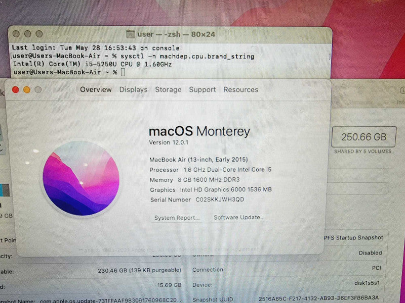 Apple Macbook Air 2015 13\\" 2-Core i5-5250U @ 1.6GHz 8GB DDR3 250GB SSD (