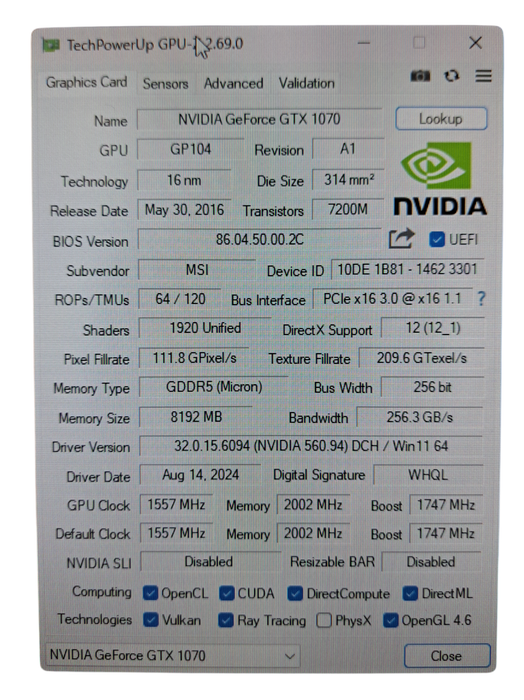 MSI GeForce GTX 1070 ARMOR OC 8GB GDDR5 Graphics Card