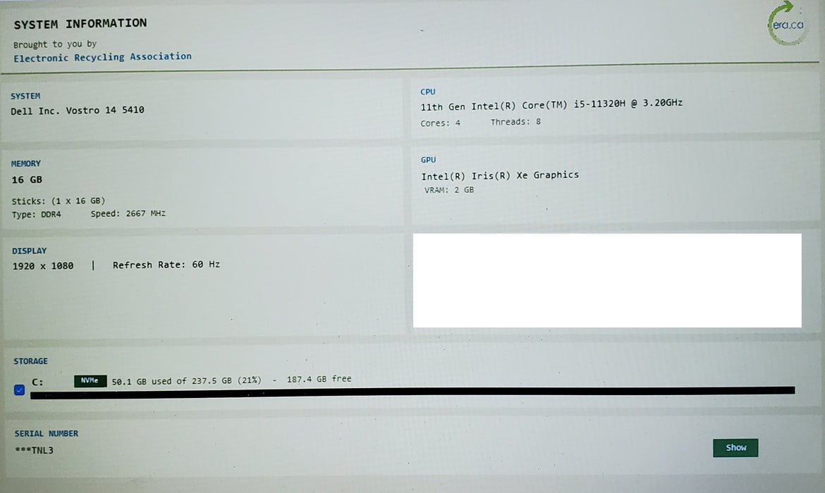 Dell Vostro 14 5410 Core i5-11300H@ 3.2GHz 16GB RAM 256GB SSD READ