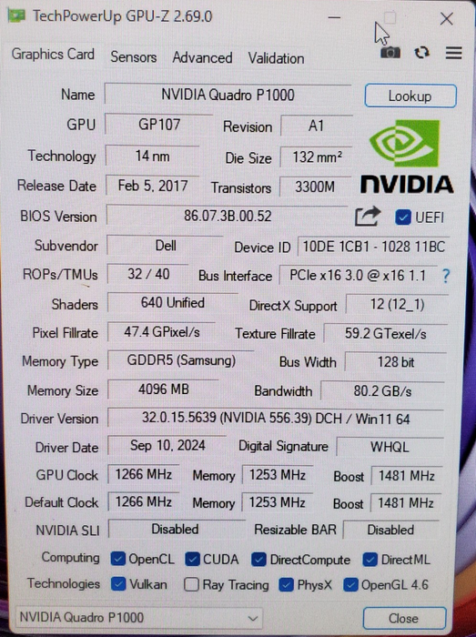 NVIDIA Quadro P1000 4GB GDDR4 Graphics Card