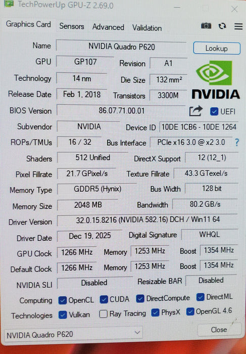 Nvidia Quadro P620 2GB GDDR5 Graphics Card - Low Profile