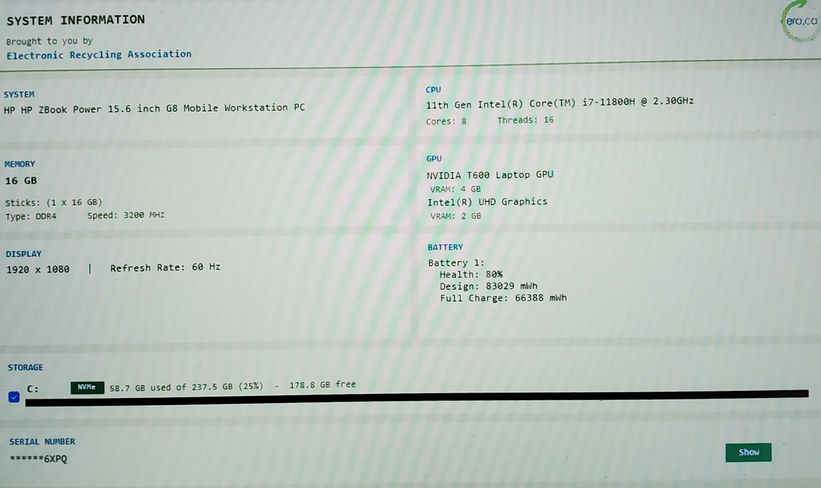 HP ZBOOK POWER 15.6 INCH G8 Intel Core i7-11800H 2.3GHz 16GB RAM 256GB SSD T600
