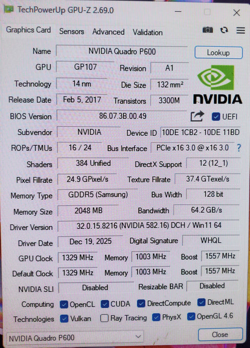 NVIDIA Quadro P600 2GB GDDR5 Graphics Card - Low Profile