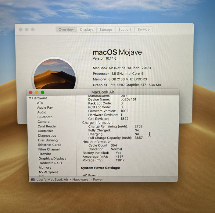 Apple MacBook Air 13" 2018 i5-8210Y 8GB 128SSD French Keyboard No Power Adapter