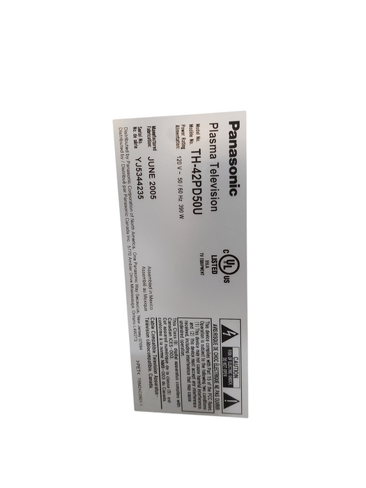 Panasonic Plasma 42" Television Model: TH-42PD50U