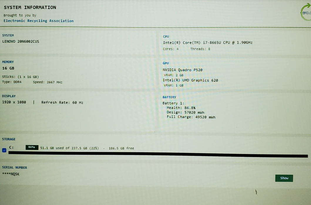 Lenovo ThinkPad P53s i7-8665U TOUCH QUADRO P520 2GB GPU 16GB RAM 256GB SSD