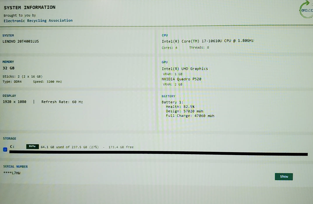 Lenovo ThinkPad P15s Gen 1 i7-10610U QUADRO P520 2GB GPU 32GB RAM 256GB SSD