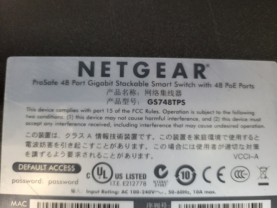 NetGear proSafe 48 Port Gigabit Stackable Smart Switch with 48 PoE Port GS748TPS