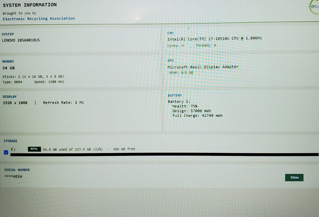 Lenovo ThinkPad T15 Gen 1 Core i7-10510U @1.80GHz 24GB RAM 256GB SSD
