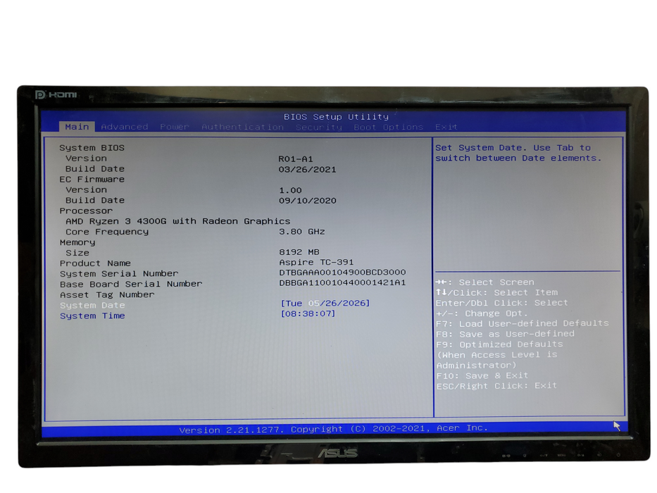 Acer Aspire TC-391 MT, Ryzen 3 4300G, 8GB DDR4, No HDD, No OS