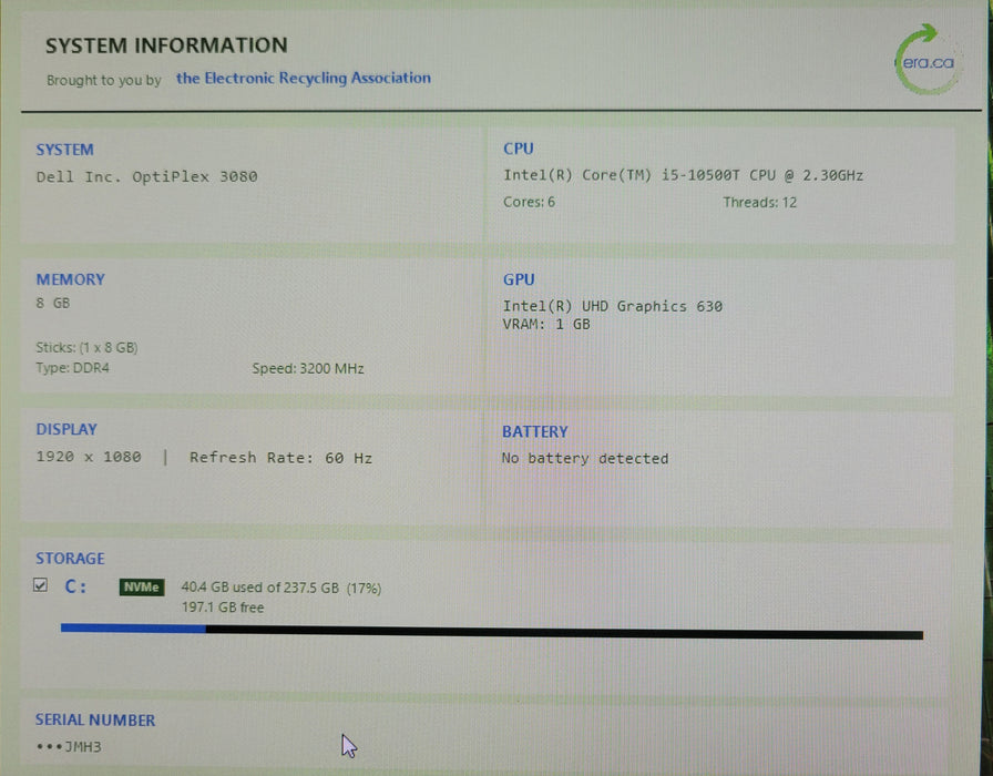 Dell Optiplex 3080 Micro, Core i5-10500T 2.30Ghz 8GB DDR4 256GB NVME