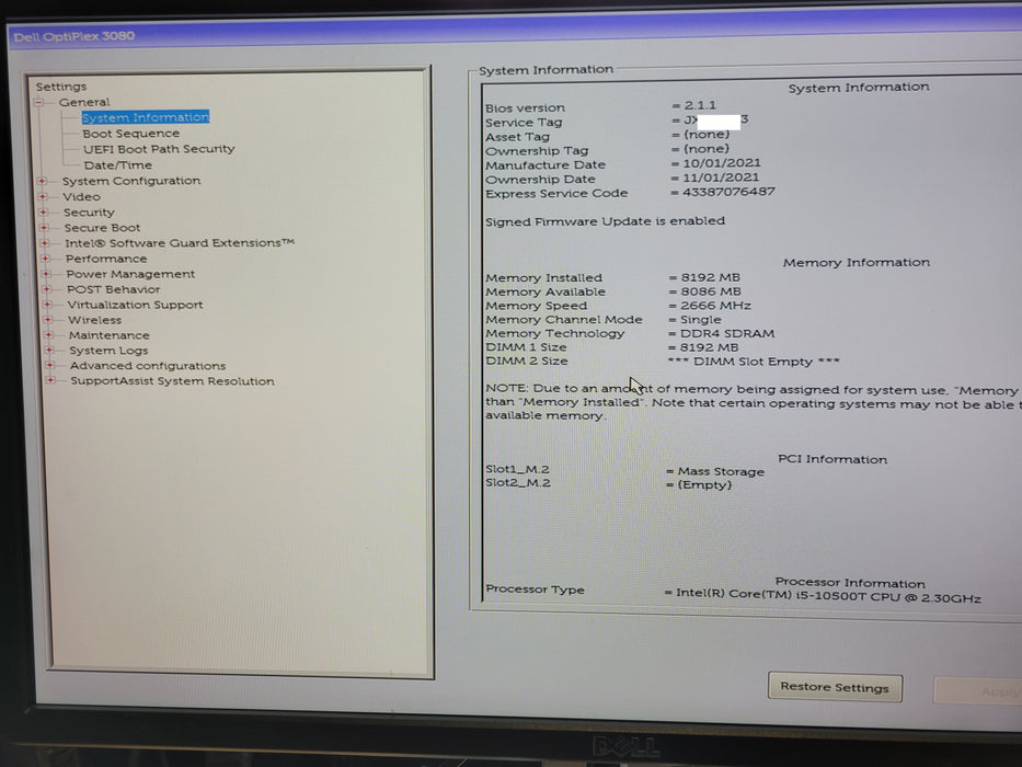 Dell Optiplex 3080 Micro, Core i5-10500T 2.30Ghz 8GB DDR4 256GB NVME