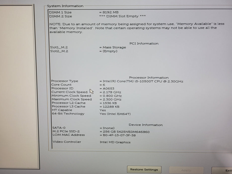 Dell Optiplex 3080 Micro, Core i5-10500T 2.30Ghz 8GB DDR4 256GB NVME