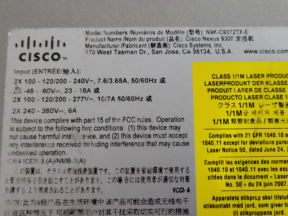 CISCO N9K-C9372TX Nexus 9372tx Managed L3 Switch, No PSU, READ