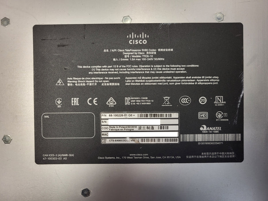 Cisco TelePresence SX80 Codec TTC6-12 Video Conference System 68-100226-01