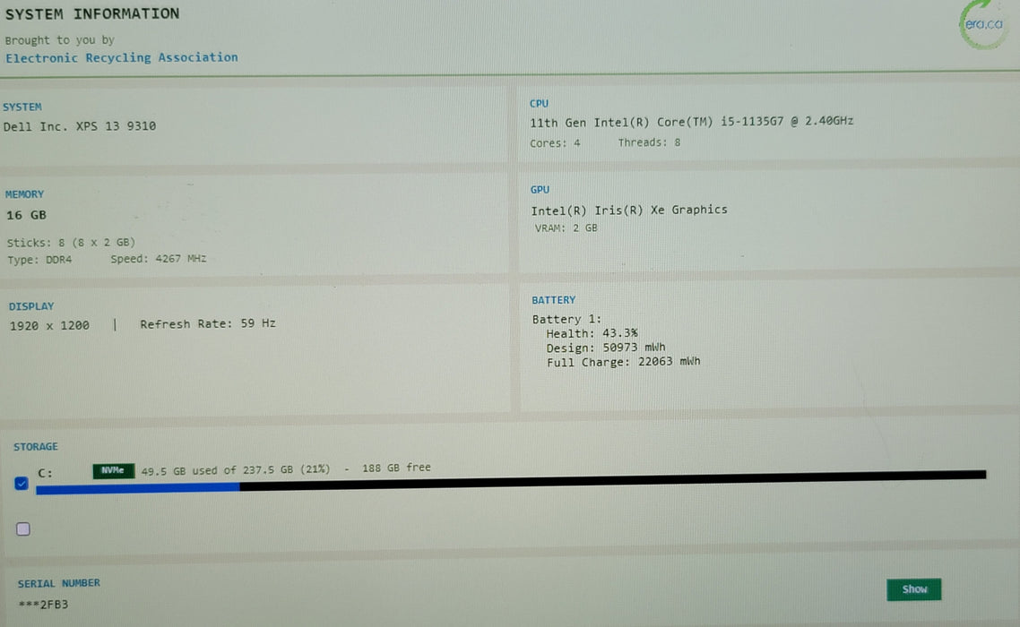 Dell XPS 13 9310 i5-1135G7 16GB DDR4 256GB NVMe READ