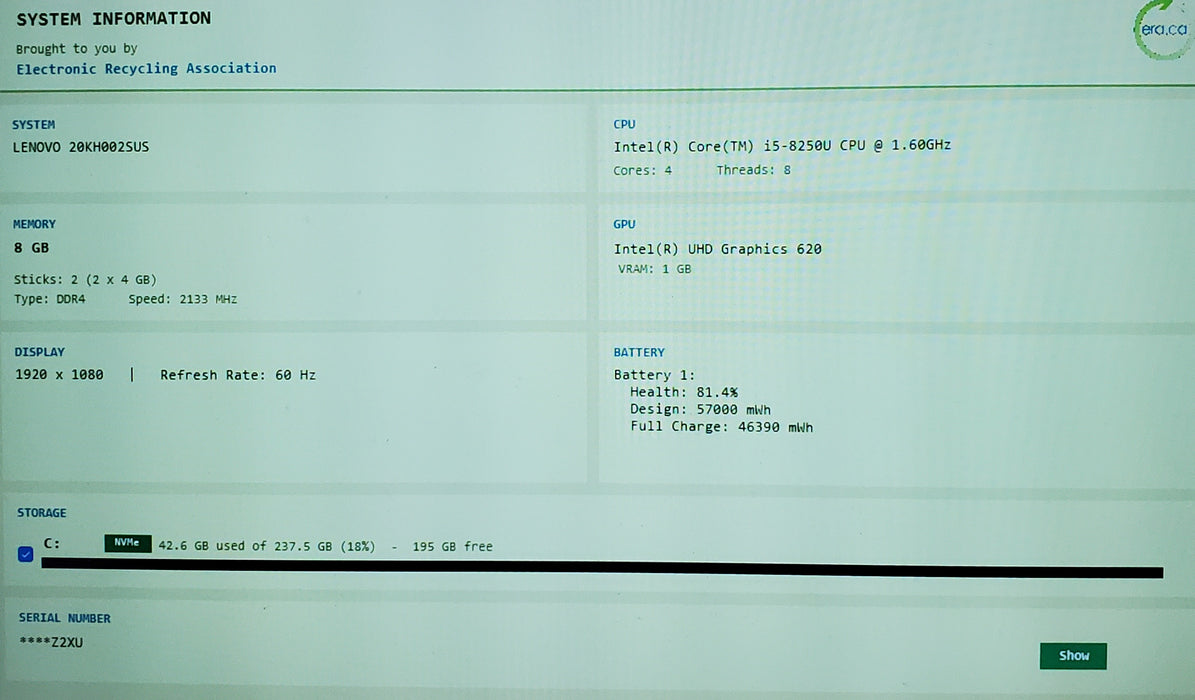 Lenovo ThinkPad X1 Carbon Gen 6 intel i5-8250U 8G Ram 256G SSD