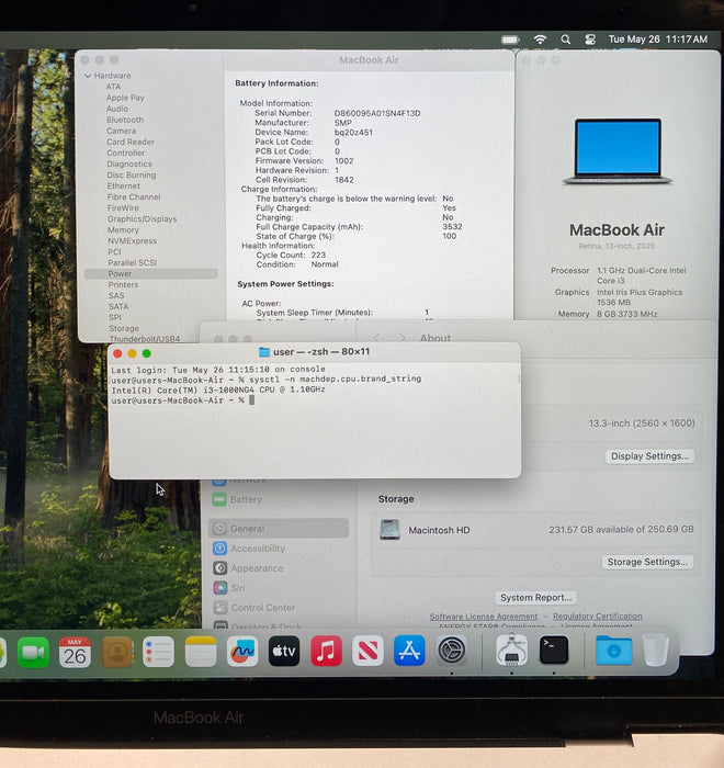 Apple MacBook Air 13" 2020 Core i3-1000NG4 8GB RAM 256GB SSD No Power Adapter