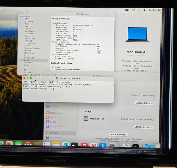 Apple MacBook Air 13" 2020 Core i3-1000NG4 256 SSD Broken LCD For Parts/Repair