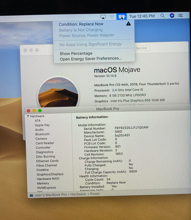 Apple MacBook Pro  13" 2019 i5-8279U 8GB 512SSD Faulty Battery For Parts/Repair
