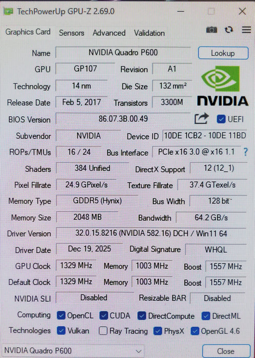 NVIDIA Quadro P600 2GB GDDR5 Graphics Card