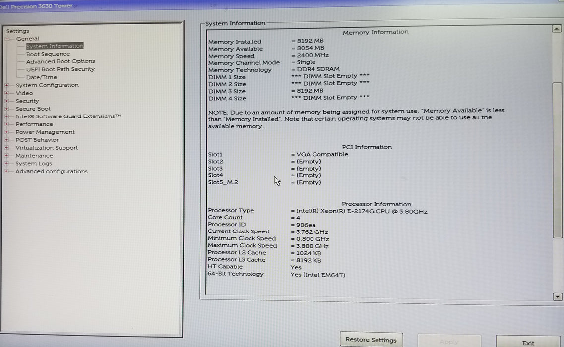 Dell Precision 3630 Tower, Xeon E-2174G CPU 8GB RAM No HDD WX5100