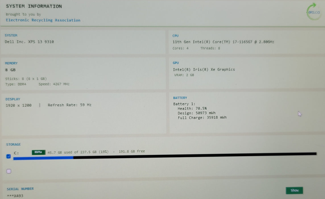 Dell XPS 13 9310 13" i7-1165G7 8GB DDR4 256GB NVMe READ