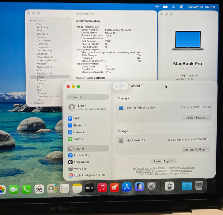 Apple MacBook Pro 13" M1 2020 Touch Bar 16GB RAM 512GB SSD No Power Adapter