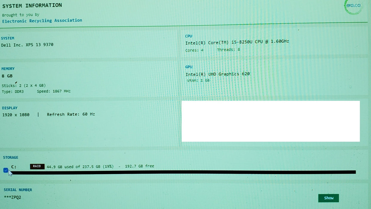 Dell XPS 13 9370 Core i5-8250U @1.6GHz 8GB RAM 256GB SSD READ