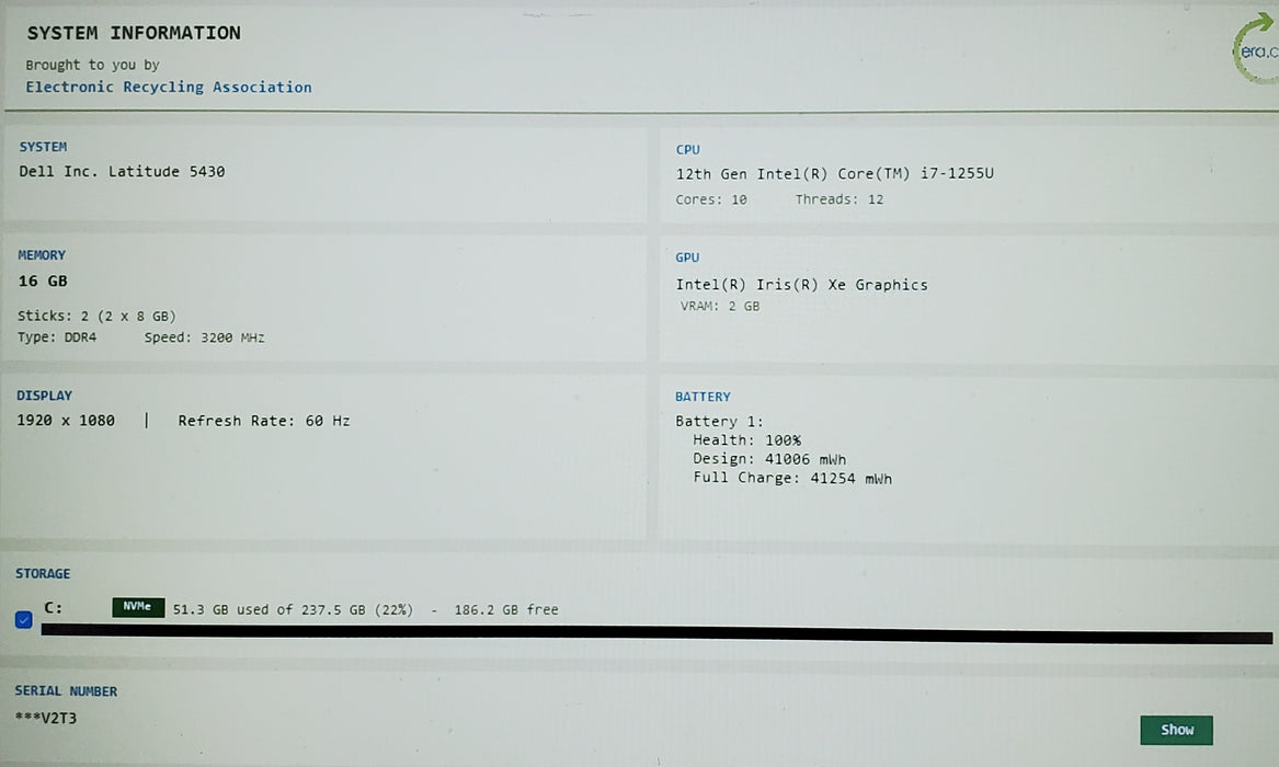 Dell Latitude 5430 i7-1255U 16GB DDR4 256GB NVMe READ
