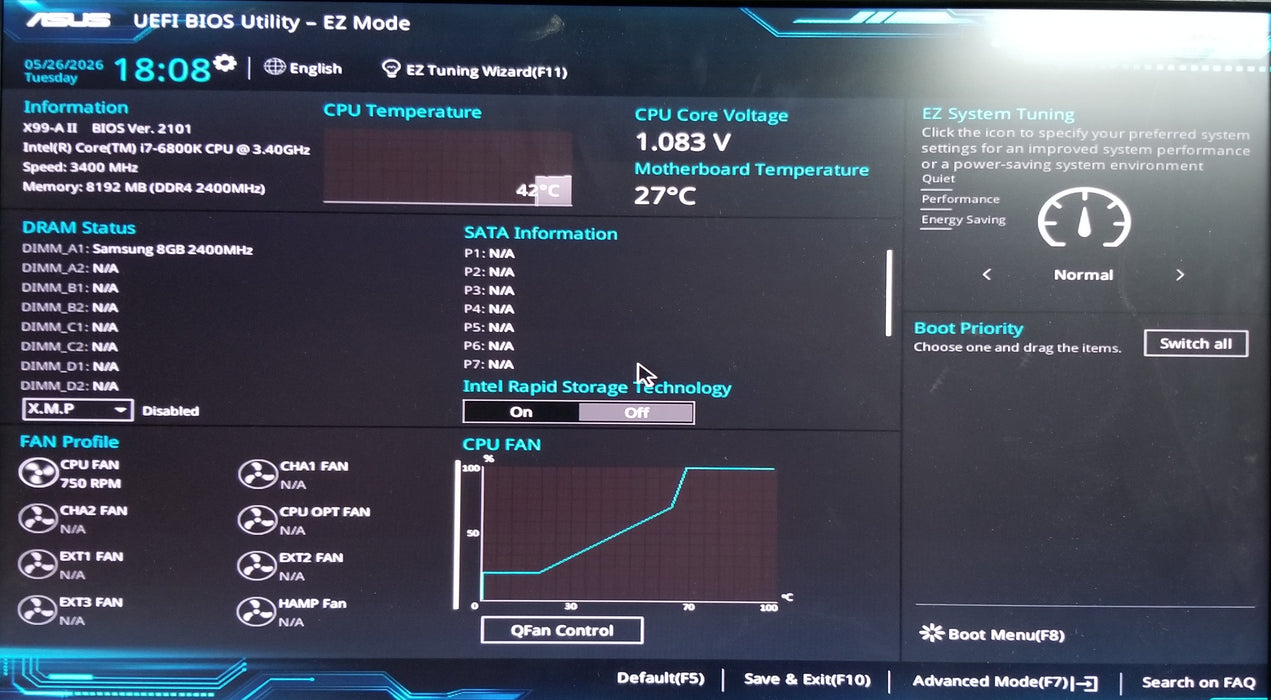 Asus X99A II Motherboard w/ i7-6800K CPU 8GB RAM No HDD