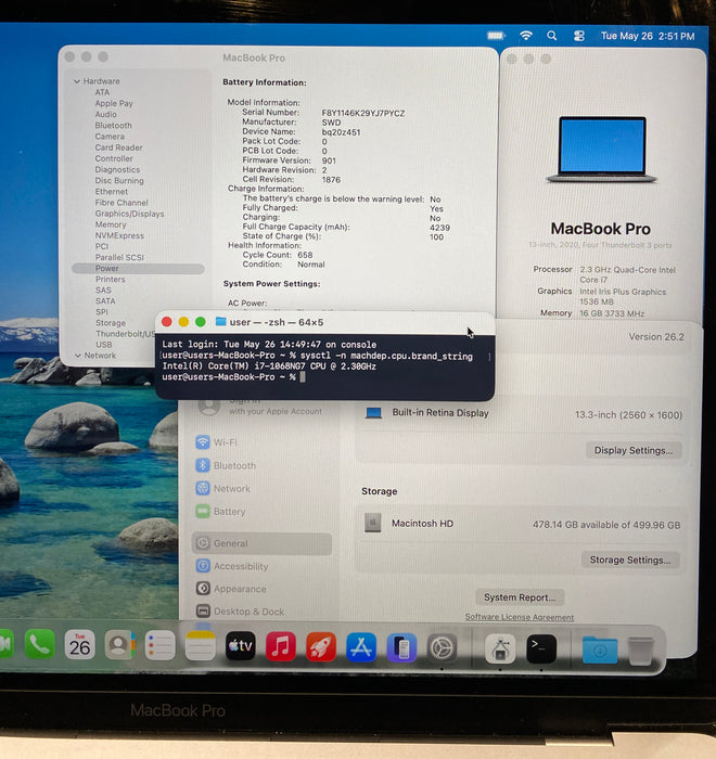 Apple MacBook Pro 13" 2020 i7-1068NG7 16GB RAM 512GB SSD No Power Adapter READ