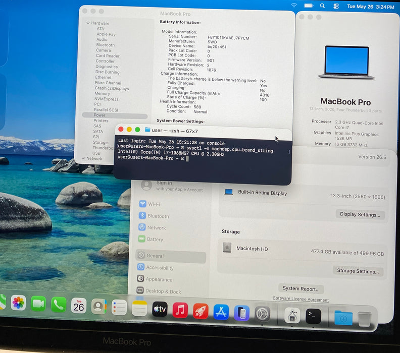 Apple MacBook Pro 13" 2020 i7-1068NG7 16GB RAM 512GB SSD No Power Adapter