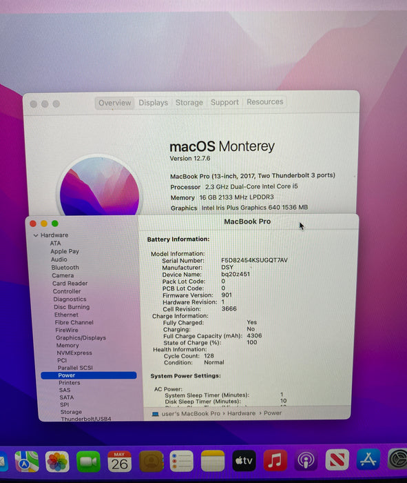 Apple MacBook Pro 13" 2017 i5-7350U 16GB RAM 512GB SSD No Power Adapter
